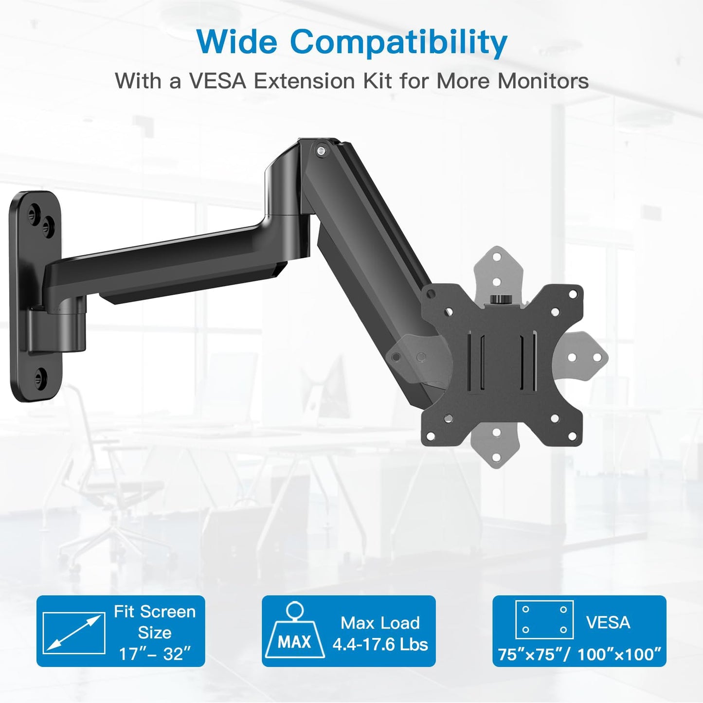 Single Monitor Wall Mount for 13 to 32 Inch Computer Screen, Monitor Wall Mount Arm Holds up to 17.6lbs, Height Adjustable Full Motion Gas Spring Wall Monitor Mount - VESA Mount 75x75,100x100