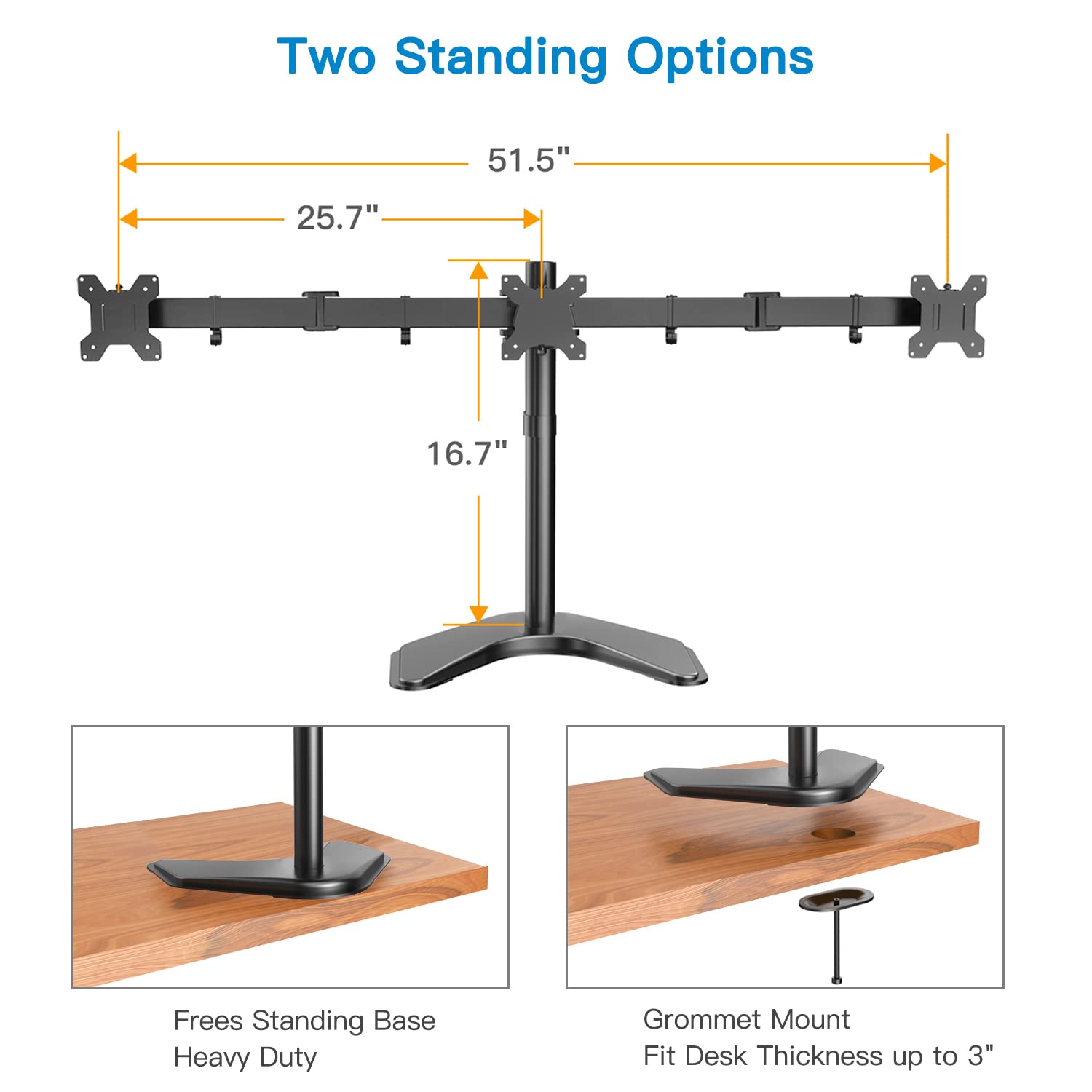 Triple monitor stand dimensions with freestanding and grommet mount options.