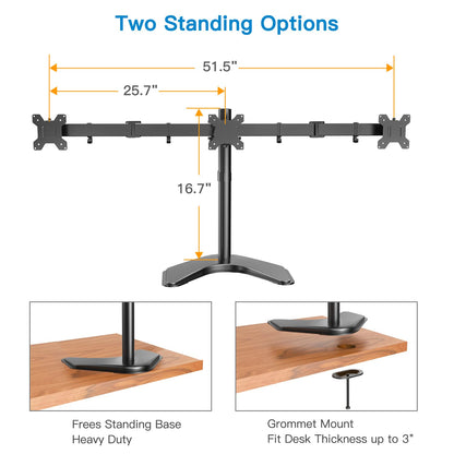Triple monitor stand dimensions with freestanding and grommet mount options.