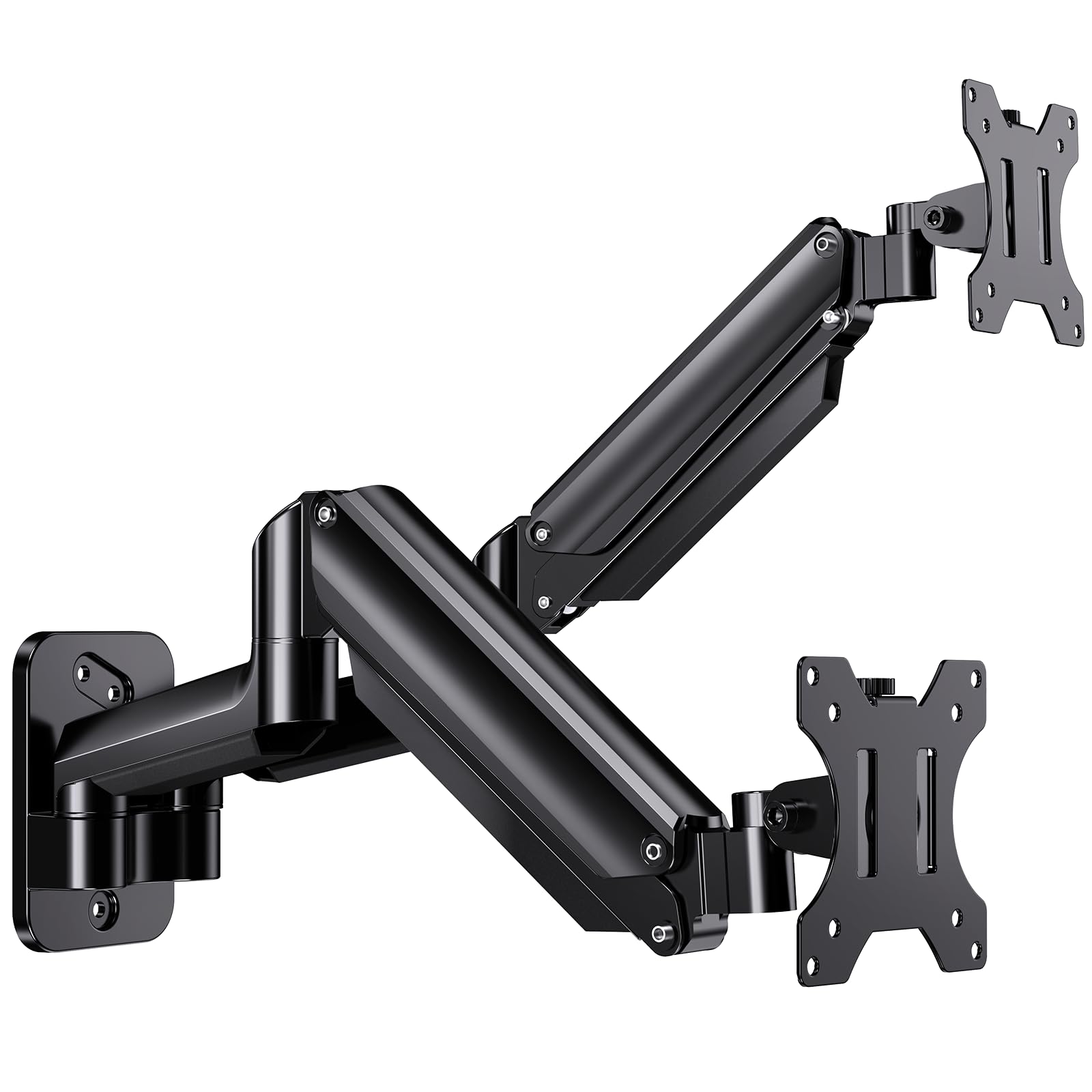 Dual monitor wall mount arms for ergonomic workspace, supports screens up to 32 inches.