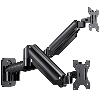 Dual monitor wall mount arms for ergonomic workspace, supports screens up to 32 inches.