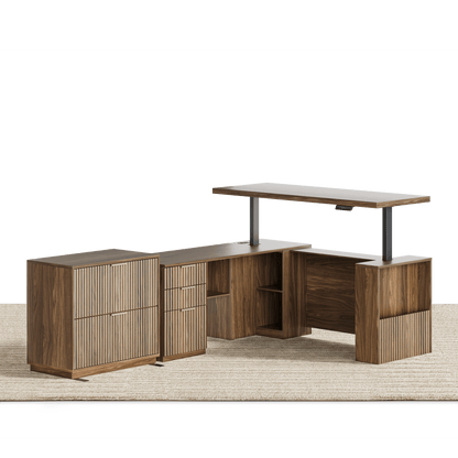 63" Desk + 2 Drawer Wood File Cabinet / Fluted - Dark Walnut - 