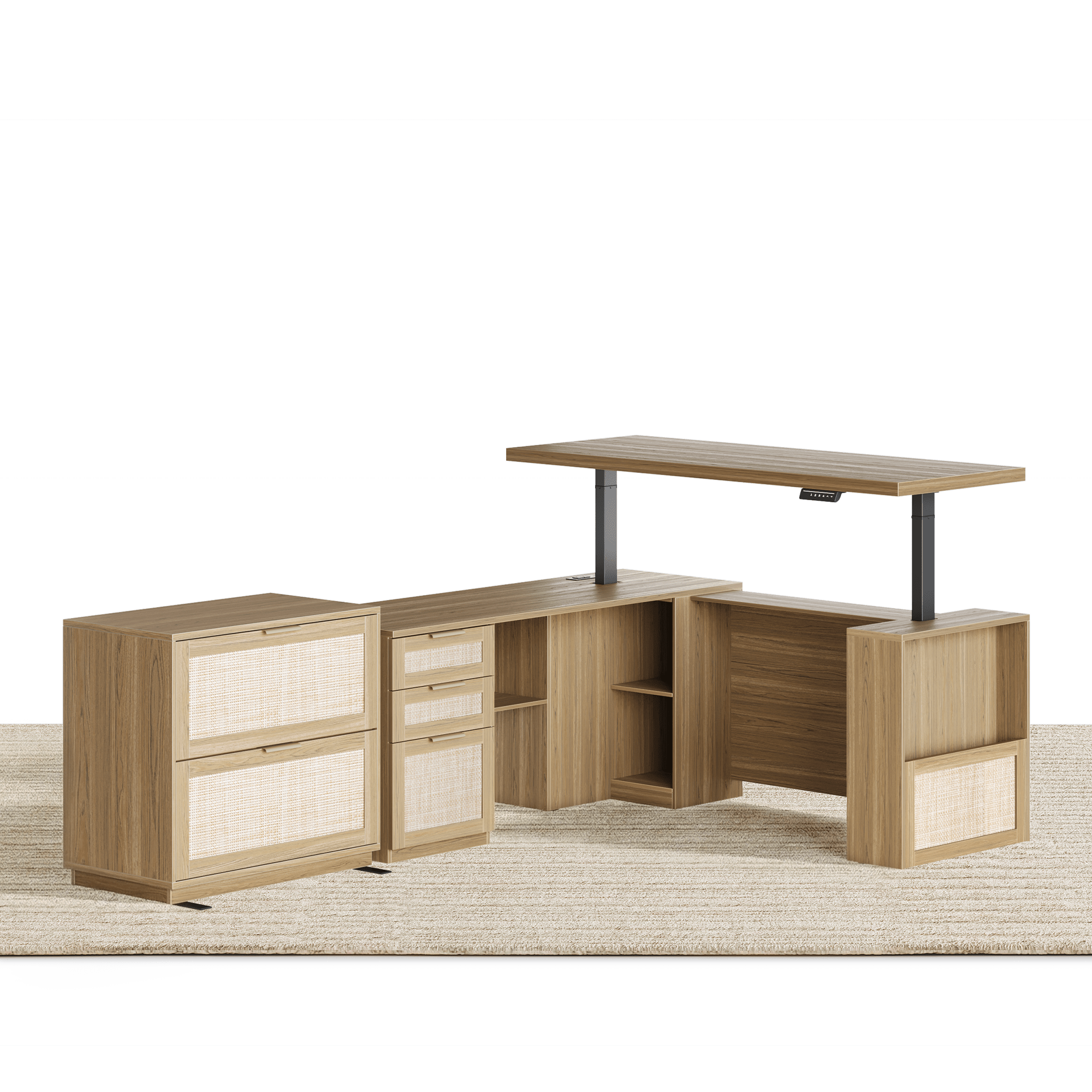 63" Desk + 2 Drawer Wood File Cabinet / Rattan - Light Walnut - 