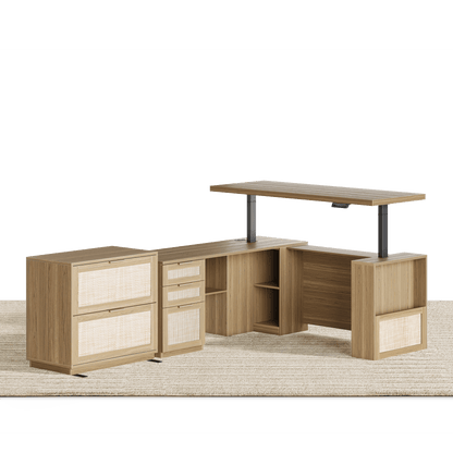 63" Desk + 2 Drawer Wood File Cabinet / Rattan - Light Walnut - 