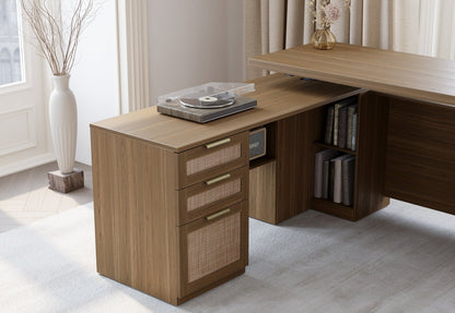 63" Desk + 2 Drawer Wood File Cabinet / Rattan - Light Walnut - 