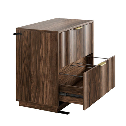 63" Desk + 2 Drawers + 73 Corner Bookshelf / Fluted - Dark Walnut - 