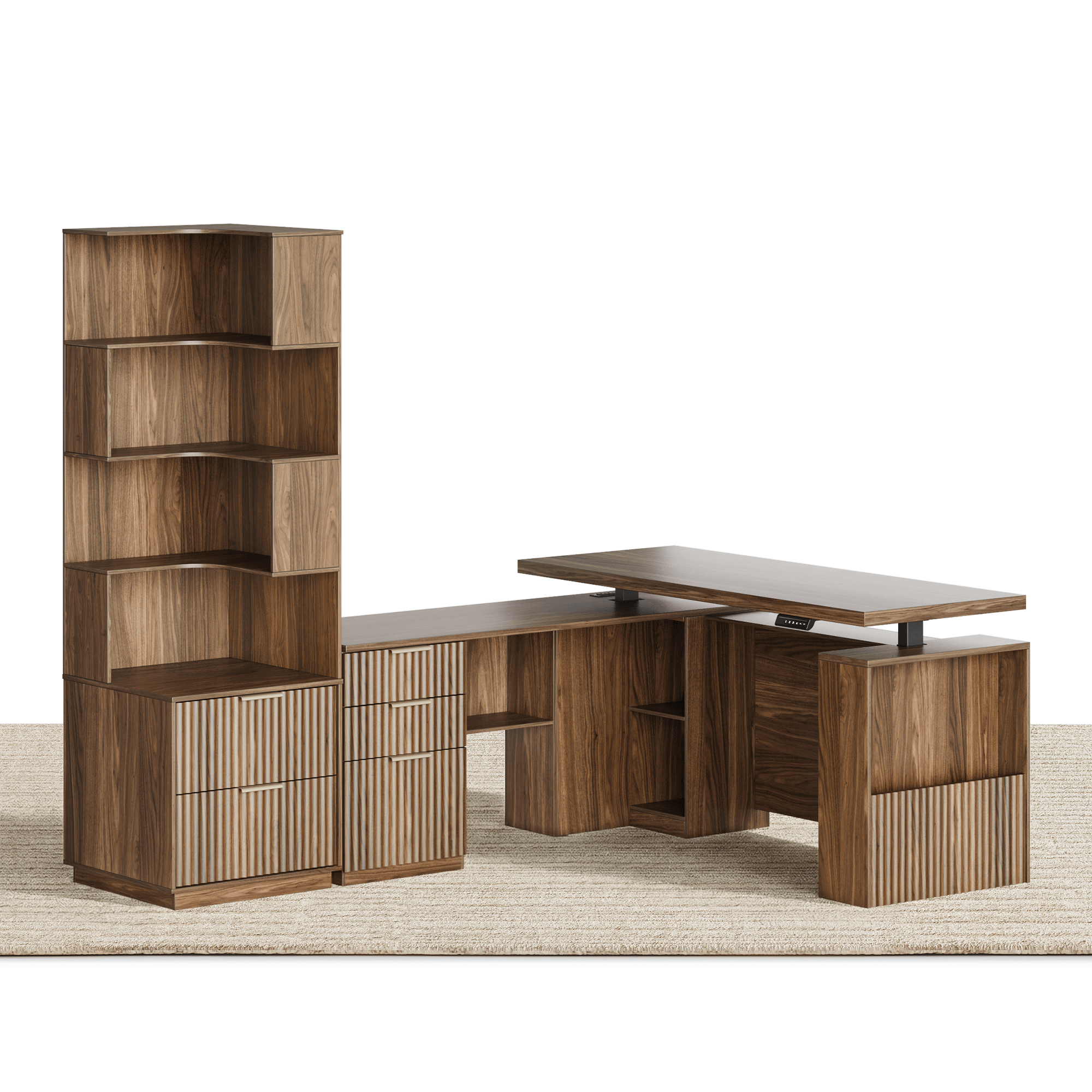 63" Desk + 6 Tier Corner Bookshelf / Fluted - Dark Walnut - 