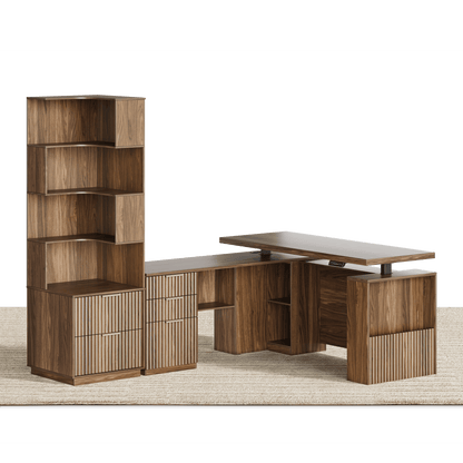 63" Desk + 6 Tier Corner Bookshelf / Fluted - Dark Walnut - 