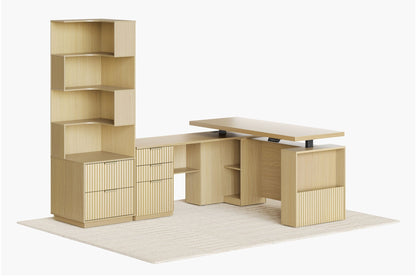 63" Desk + 6 Tier Corner Bookshelf / Fluted - Natural Oak - 