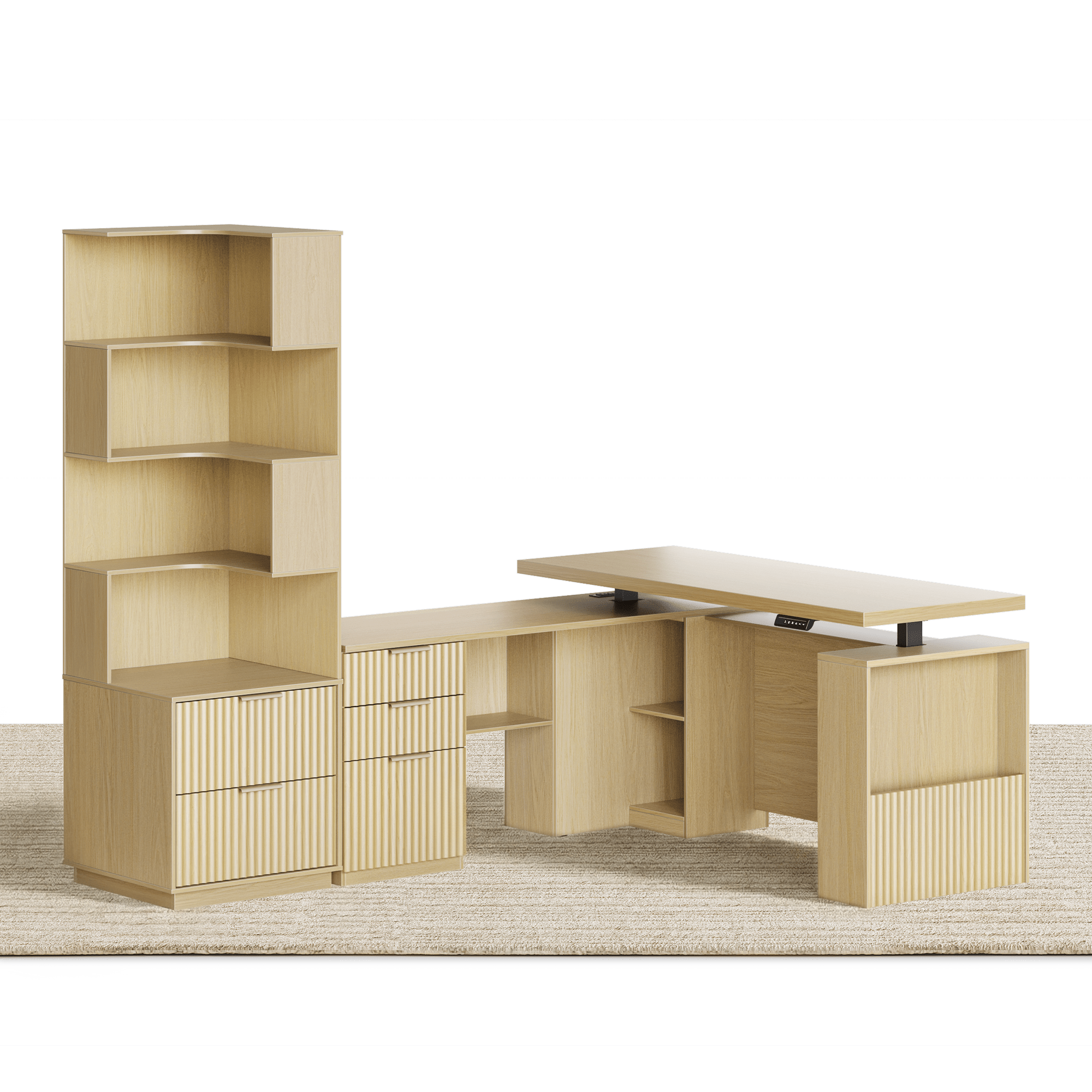 63" Desk + 6 Tier Corner Bookshelf / Fluted - Natural Oak - 