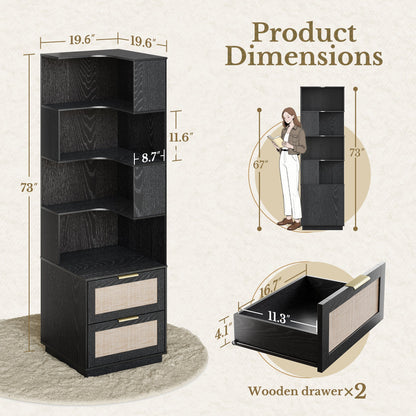 63" Desk + 6 Tier Corner Bookshelf / Rattan - Black - 