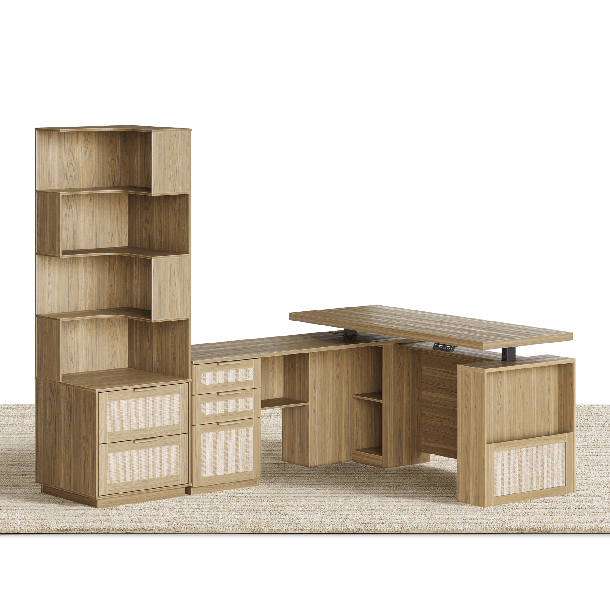 63" Desk + 6 Tier Corner Bookshelf / Rattan - Light Walnut - 