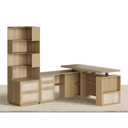 63" Desk + 6 Tier Corner Bookshelf / Rattan - Light Walnut - 