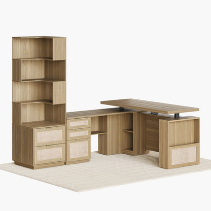 63" Desk + 6 Tier Corner Bookshelf / Rattan - Light Walnut - 