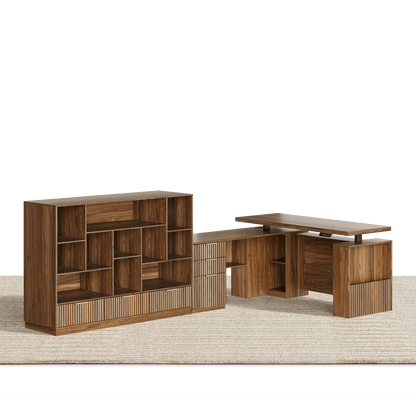 63" Desk + 60" Wide Bookshelf / Fluted - Dark Walnut - 