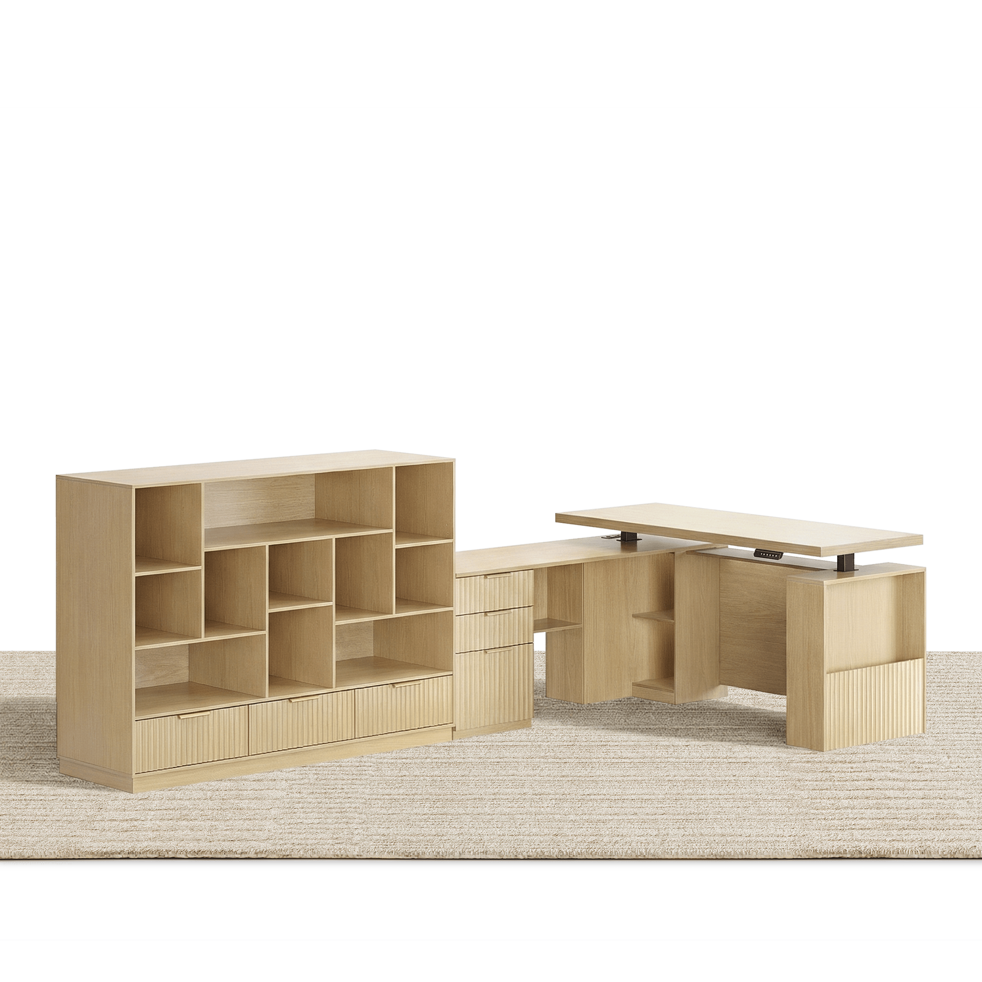 63" Desk + 60" Wide Bookshelf / Fluted - Natural Oak - 