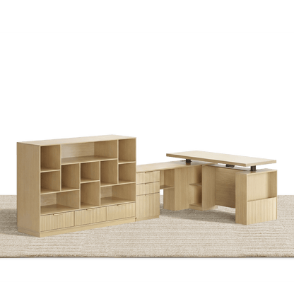 63" Desk + 60" Wide Bookshelf / Fluted - Natural Oak - 