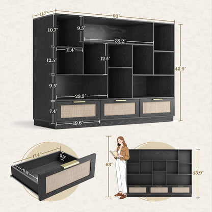 63" Desk + 60" Wide Bookshelf / Rattan - Black - 