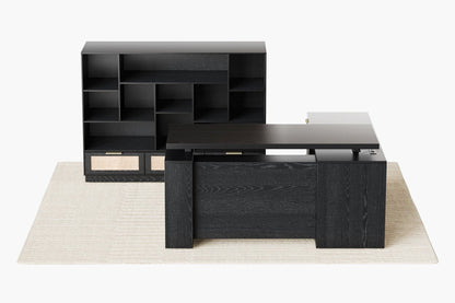 63" Desk + 60" Wide Bookshelf / Rattan - Black - 