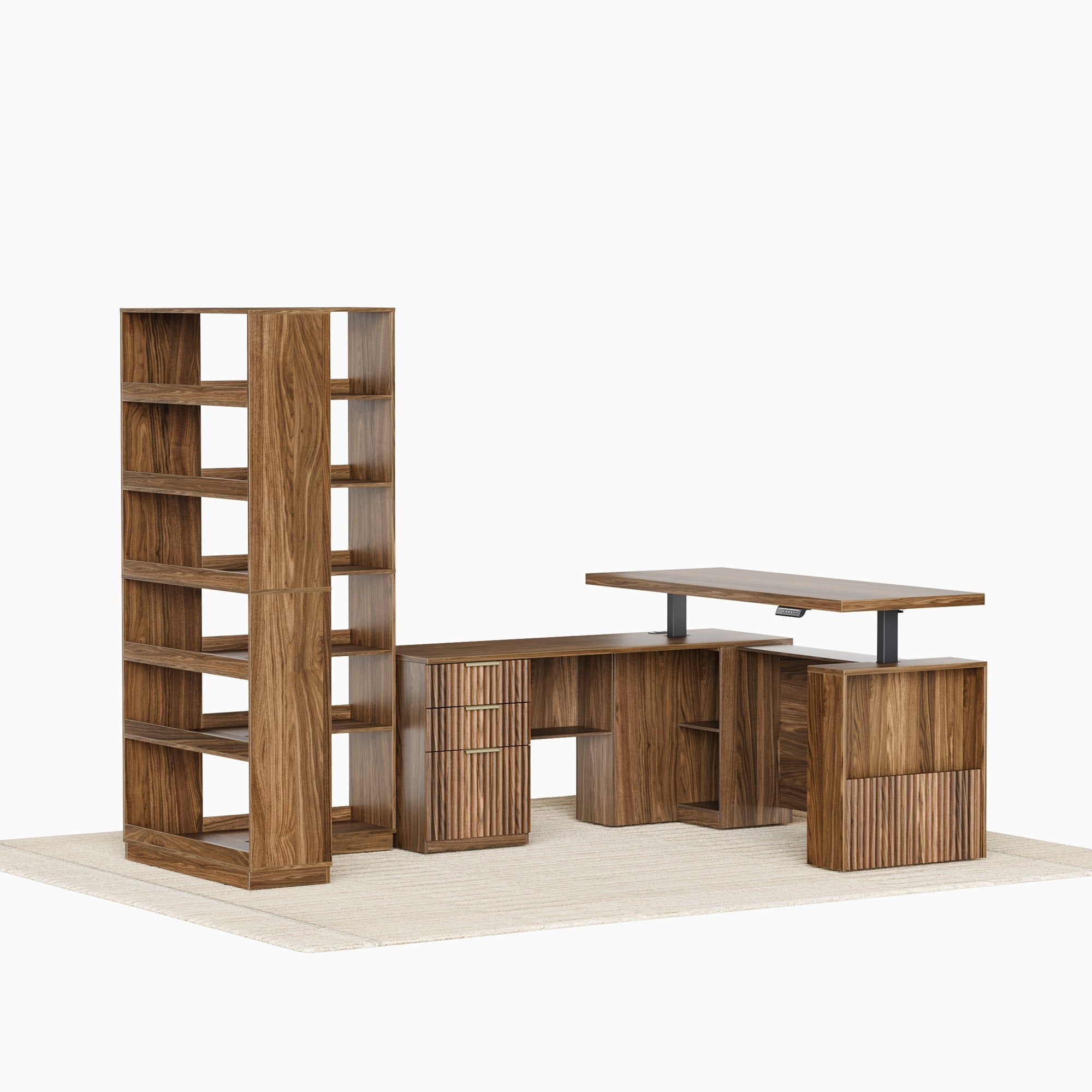 63'' Desk + 73’‘ Corner Bookshelf/ Fluted - Dark Walnut - 