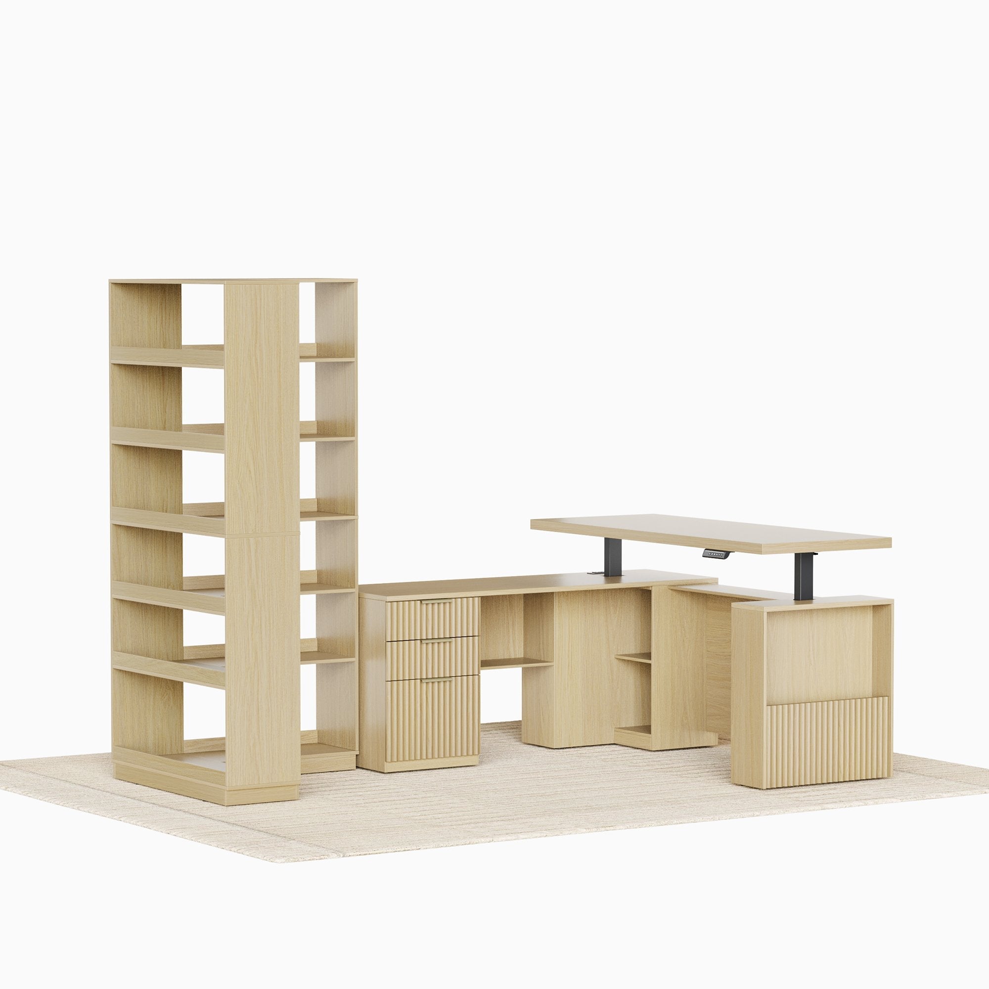 63'' Desk + 73'' Corner Bookshelf/ Fluted - Natural Oak - 