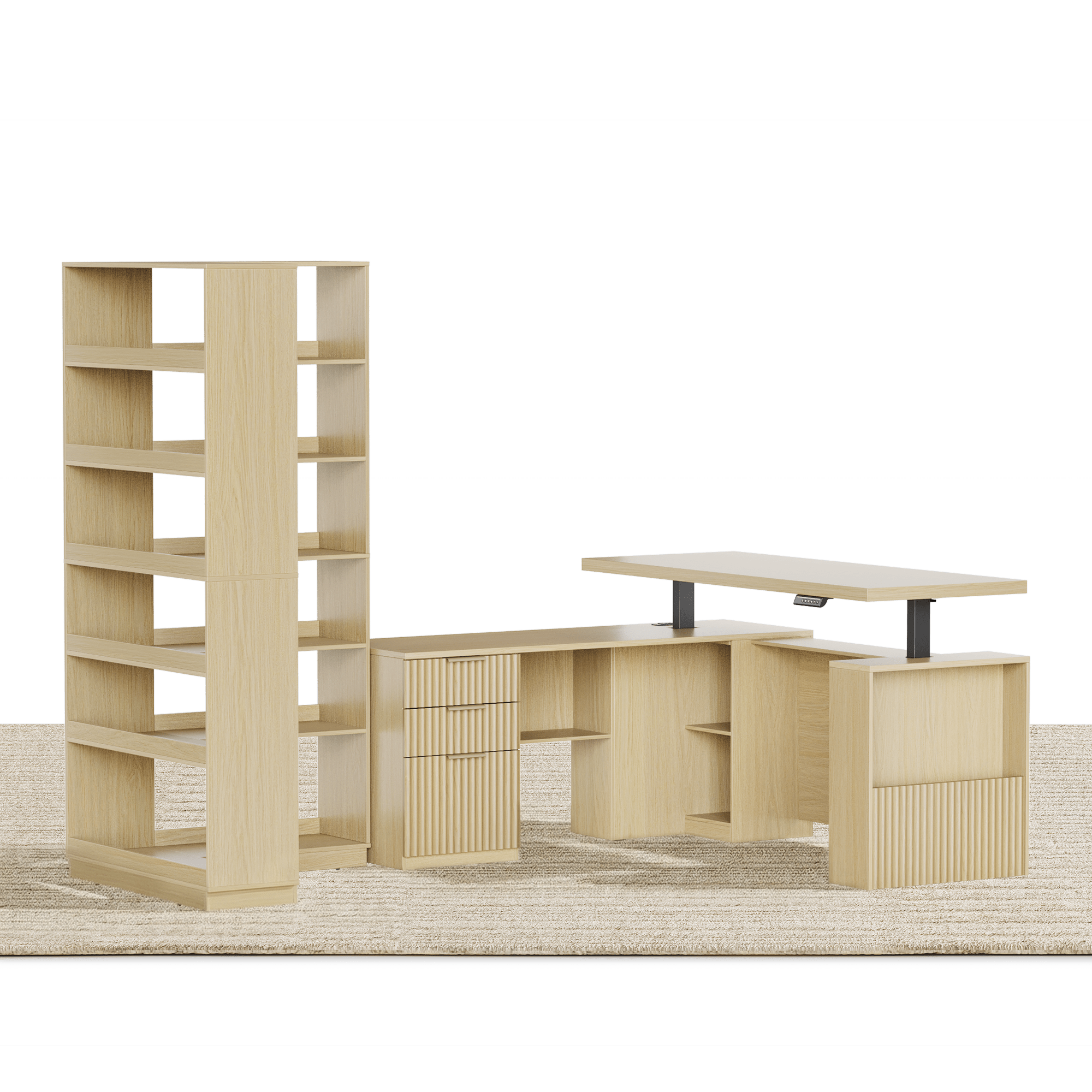 63'' Desk + 73'' Corner Bookshelf/ Fluted - Natural Oak - 