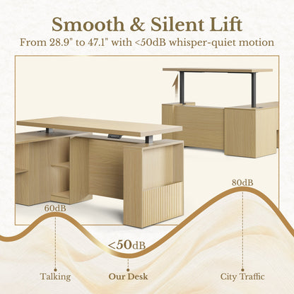 63'' Desk + 73'' Corner Bookshelf/ Fluted - Natural Oak - 