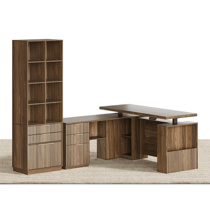 63" Desk + 73" Tall Fluted Bookshelf / Fluted - Dark Walnut - 