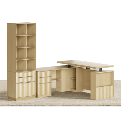 63" Desk + 73" Tall Fluted Bookshelf / Fluted - Natural Oak - 