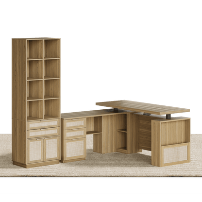 63" Desk + 73" Tall Fluted Bookshelf / Rattan - Light Walnut - 