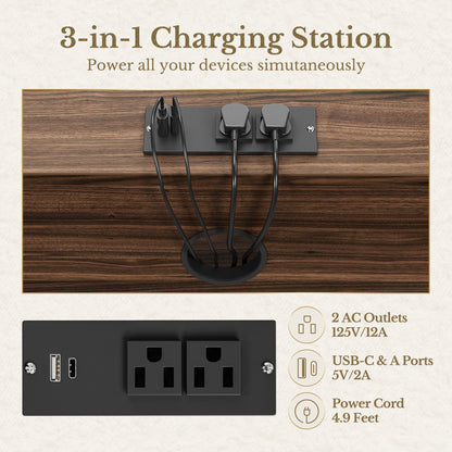 63" Desk + Charging Storage Cabinet / Fluted - Dark Walnut - 