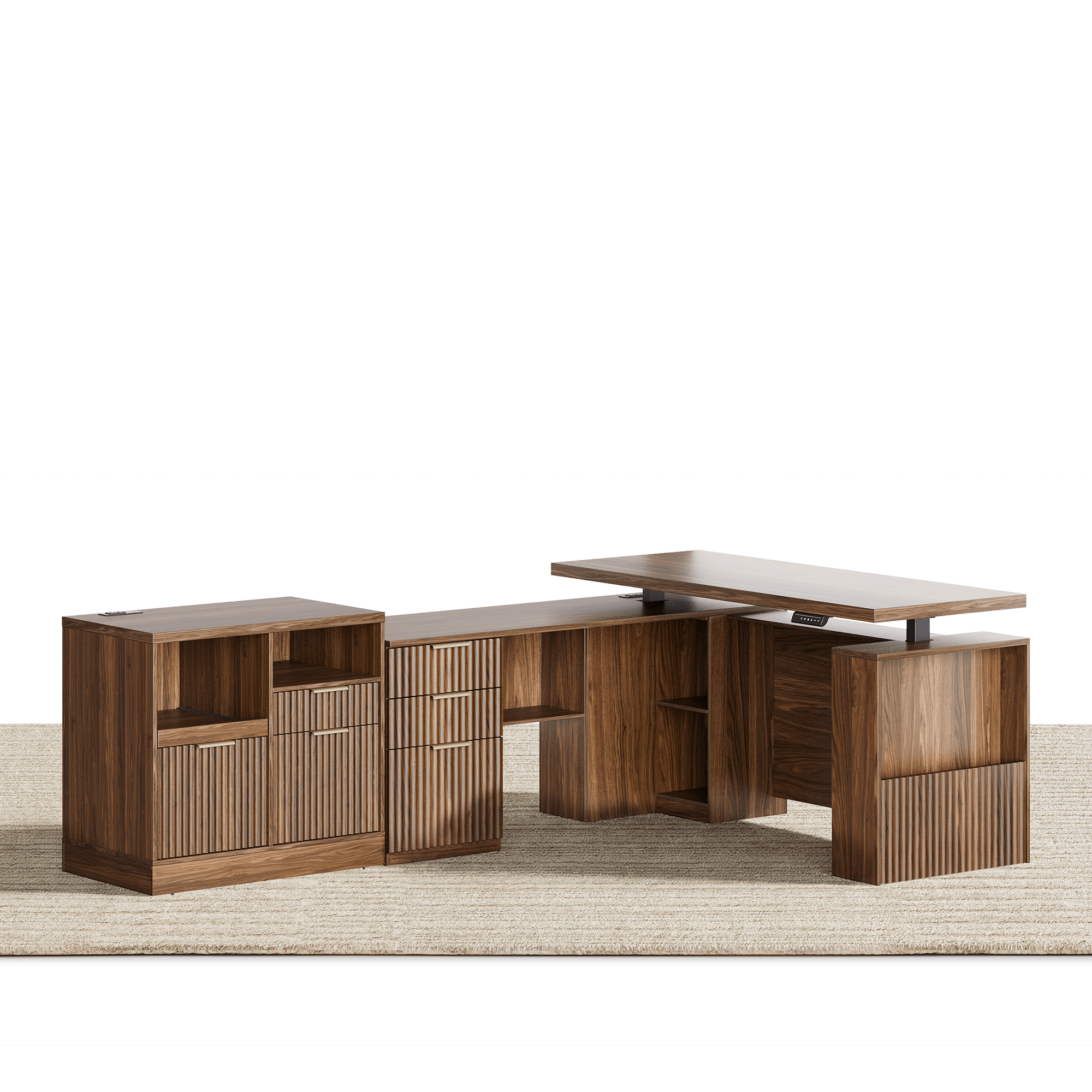 63" Desk + Charging Storage Cabinet / Fluted - Dark Walnut - 