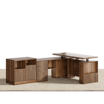 63" Desk + Charging Storage Cabinet / Fluted - Dark Walnut - 