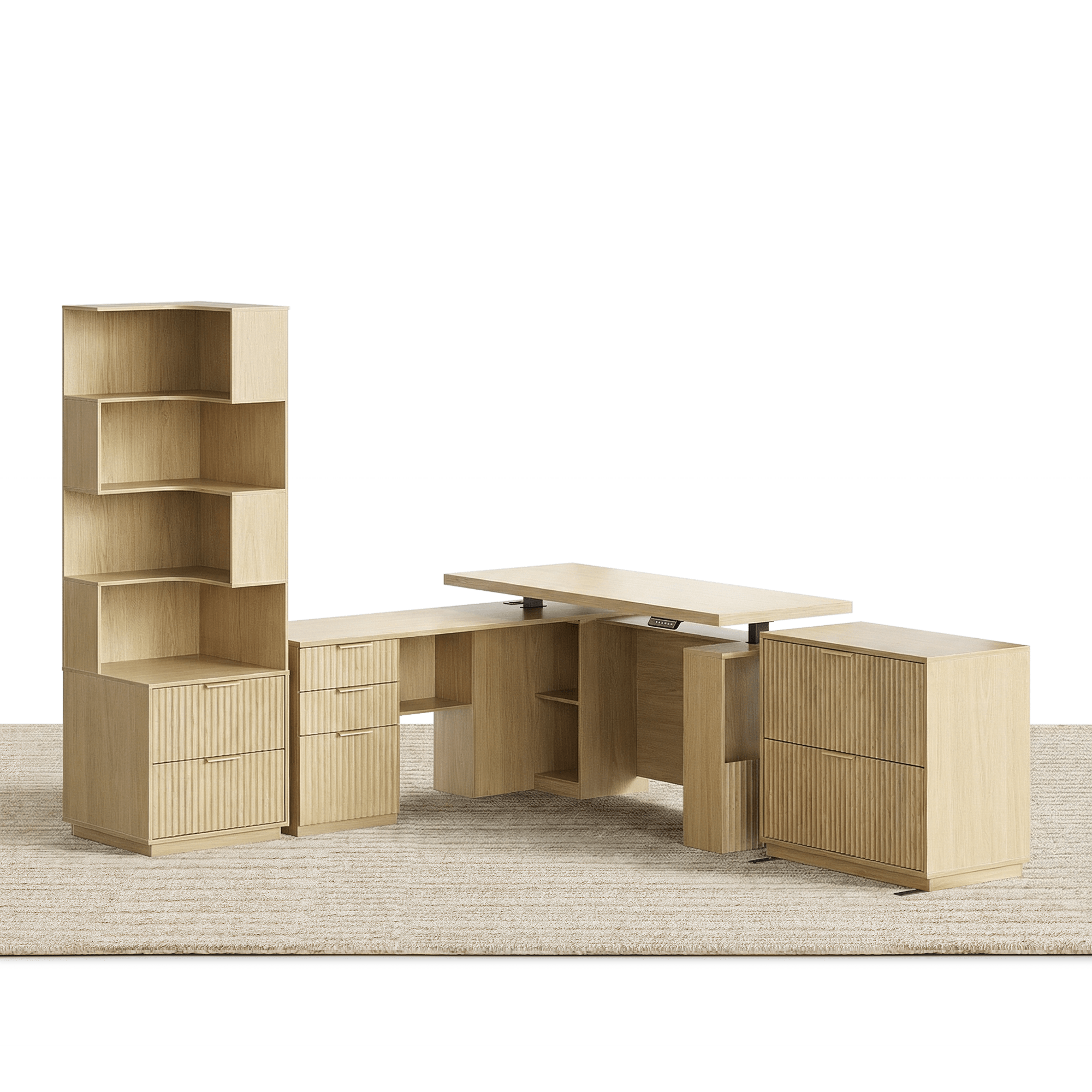 63" Desk · L - shaped + 2 - Drawer File Cabinet + 71" Corner Bookshelf / Fluted - Natural Oak - 