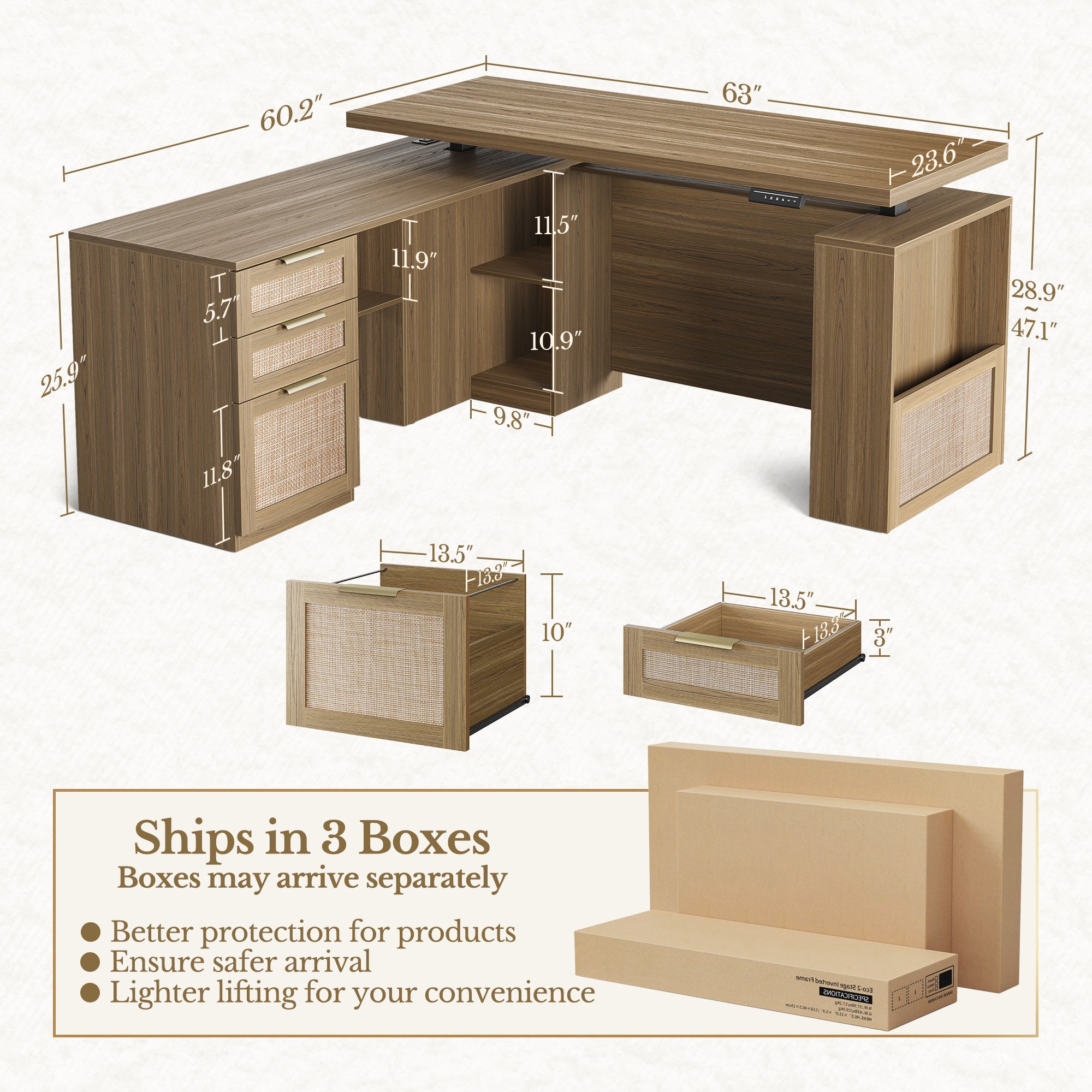 63" Desk · L - shaped + Dual 73" Tall Bookshelf + 60" Wide Bookshelf / Rattan - Light Walnut - 