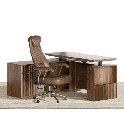 63" Desk · L - shaped + Luna Chair / Fluted - Dark Walnut - 
