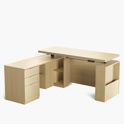 63" Desk · L - shaped + Mobile Office Cabinet / Fluted - Natural Oak - 