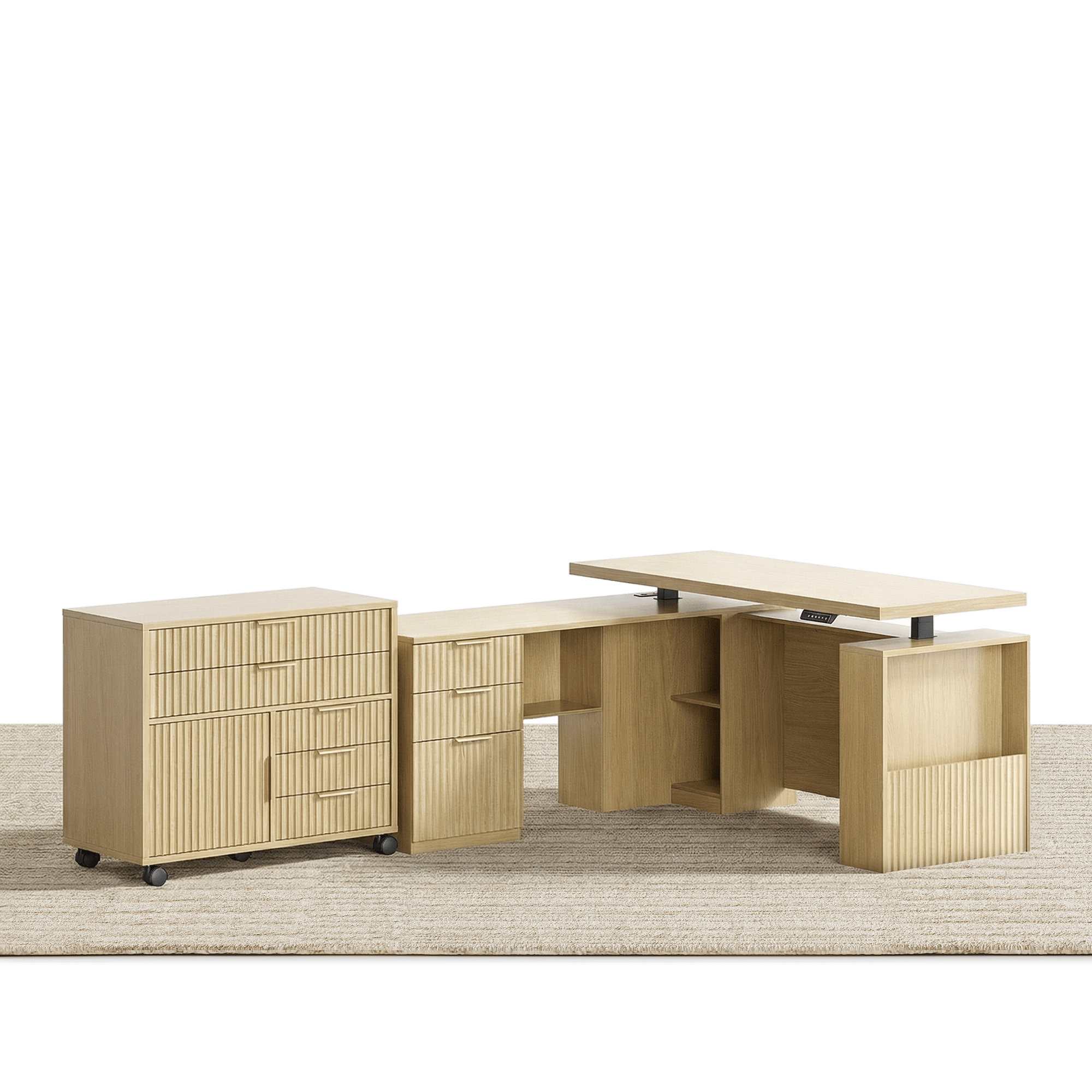 63" Desk · L - shaped + Mobile Office Cabinet / Fluted - Natural Oak - 