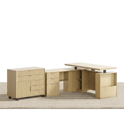 63" Desk · L - shaped + Mobile Office Cabinet / Fluted - Natural Oak - 