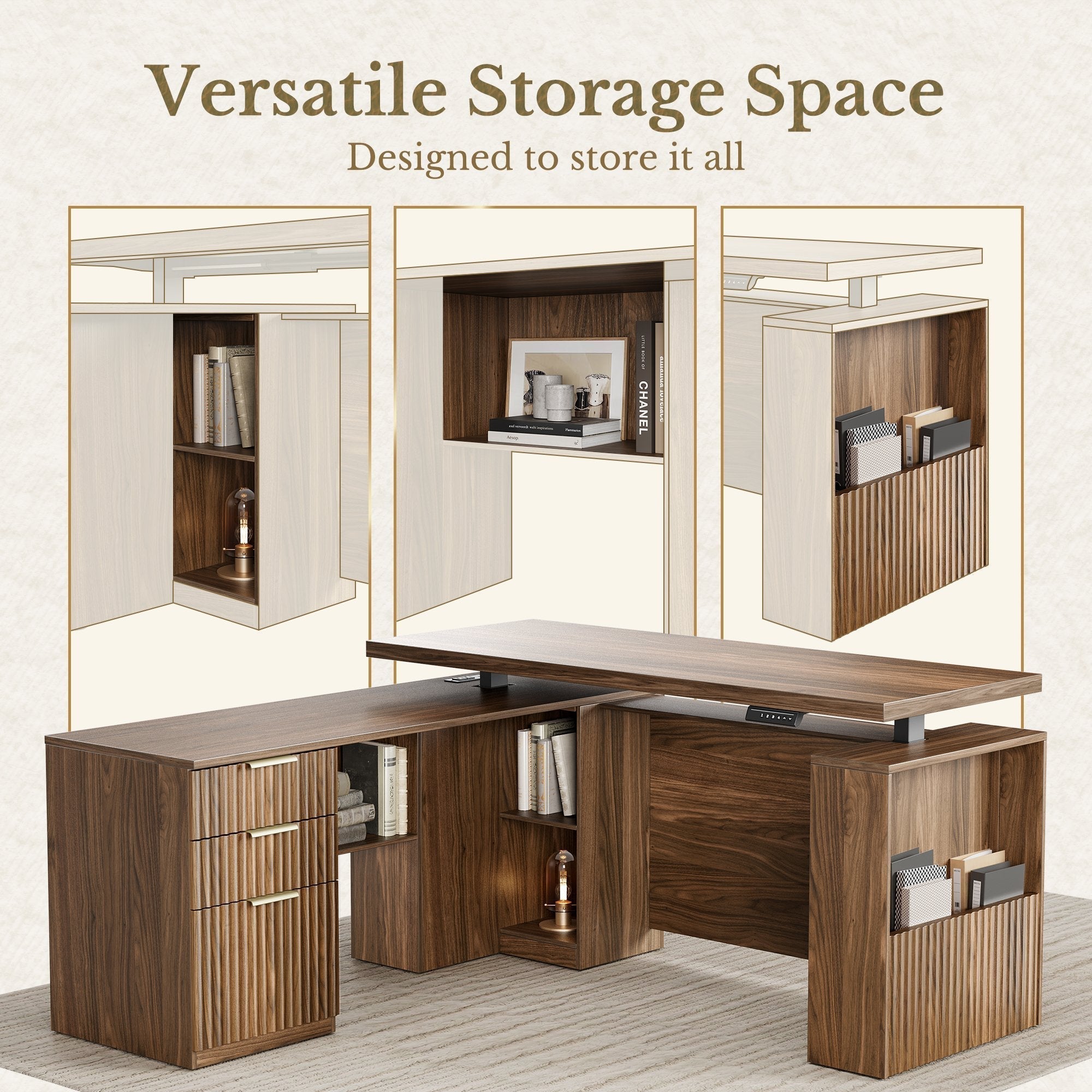 63" Desk · L - shaped + Stella Chair / Fluted - Dark Walnut - 