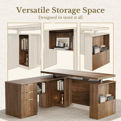 63" Desk · L - shaped + Stella Chair / Fluted - Dark Walnut - 