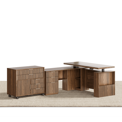 63" Desk + Mobile Office Cabinet / Fluted - Dark Walnut - 