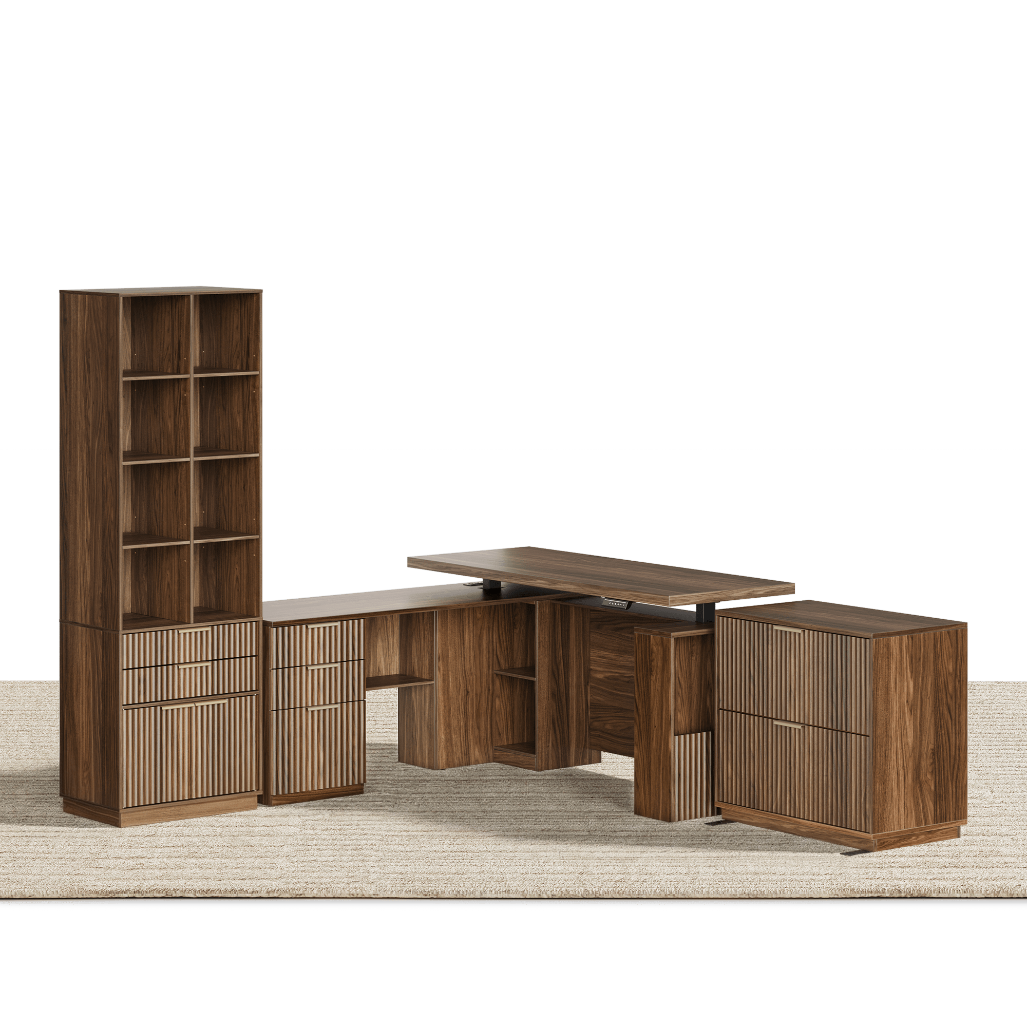 63" desk+73" Bookshelf+2 Drawers / Fluted - Dark Walnut - 