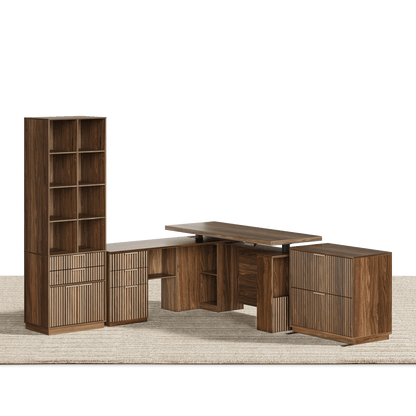 63" desk+73" Bookshelf+2 Drawers / Fluted - Dark Walnut - 