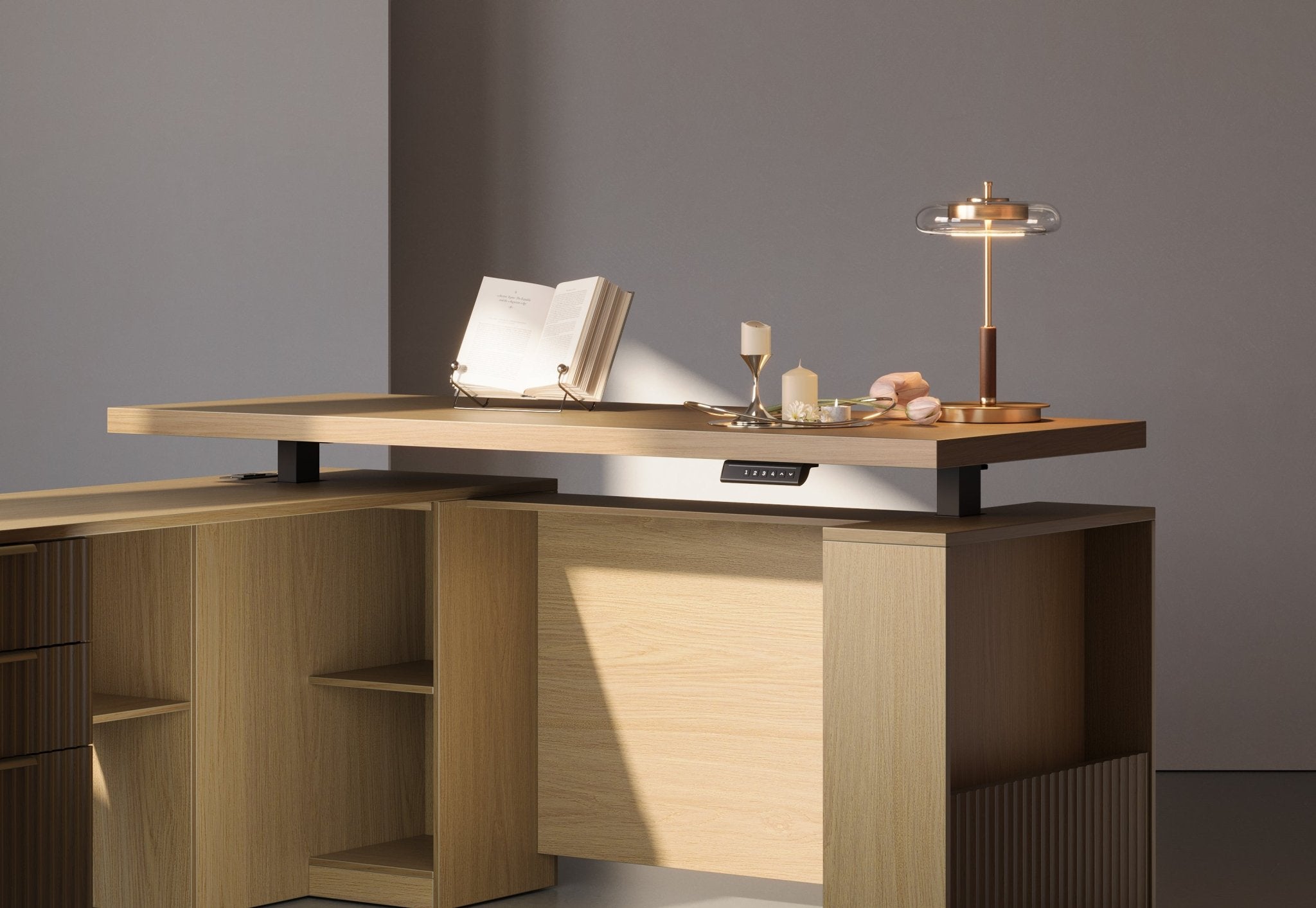 63" desk+73" Bookshelf+2 Drawers / Fluted - Natural Oak - 