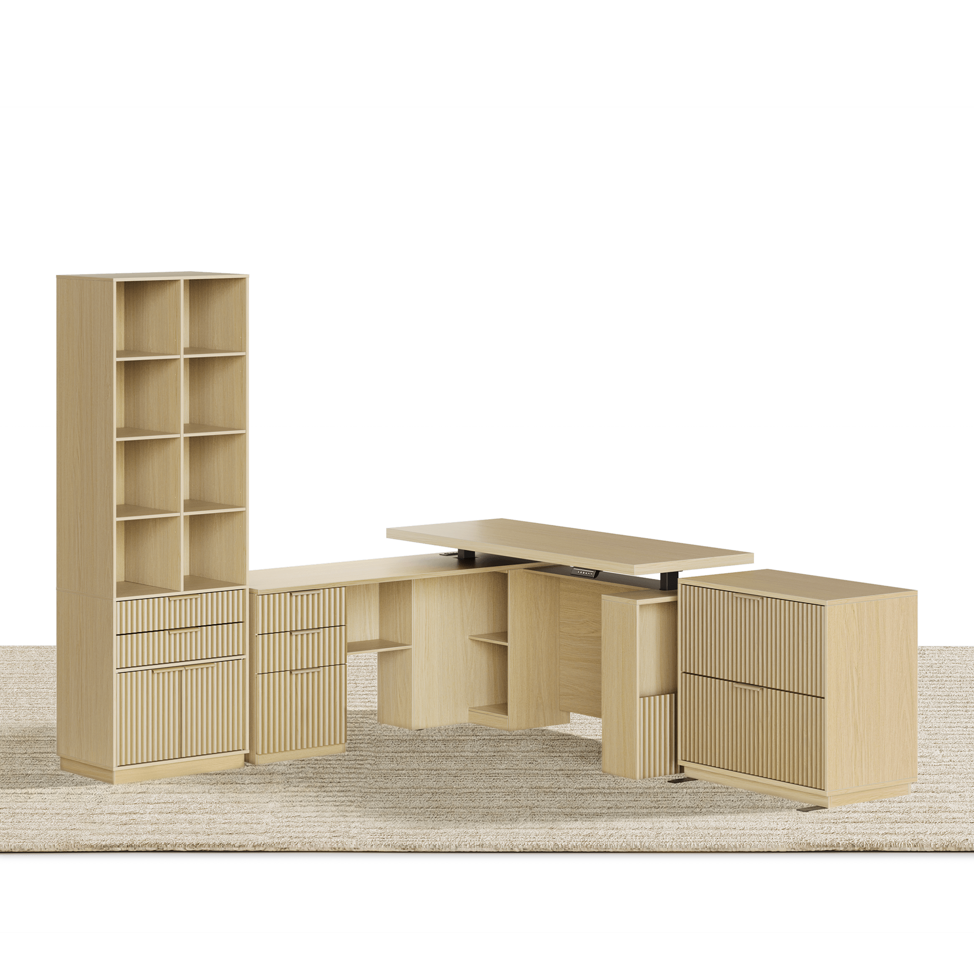 63" desk+73" Bookshelf+2 Drawers / Fluted - Natural Oak - 