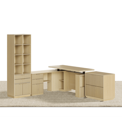 63" desk+73" Bookshelf+2 Drawers / Fluted - Natural Oak - 