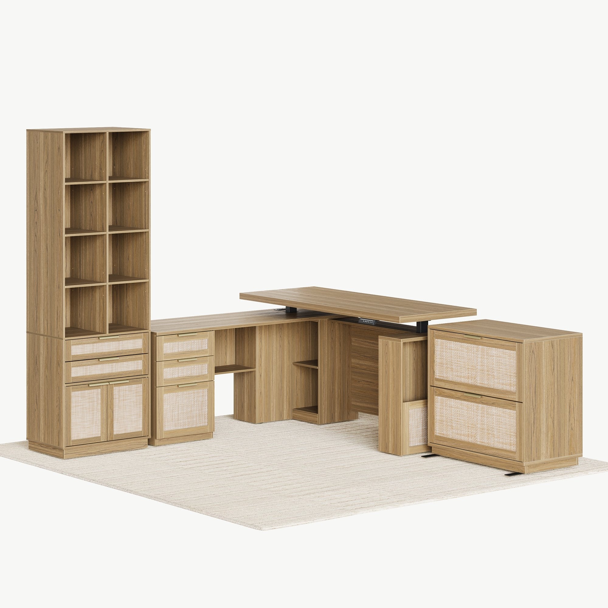 63" desk+73" Bookshelf+2 Drawers / Rattan - Light Walnut - 