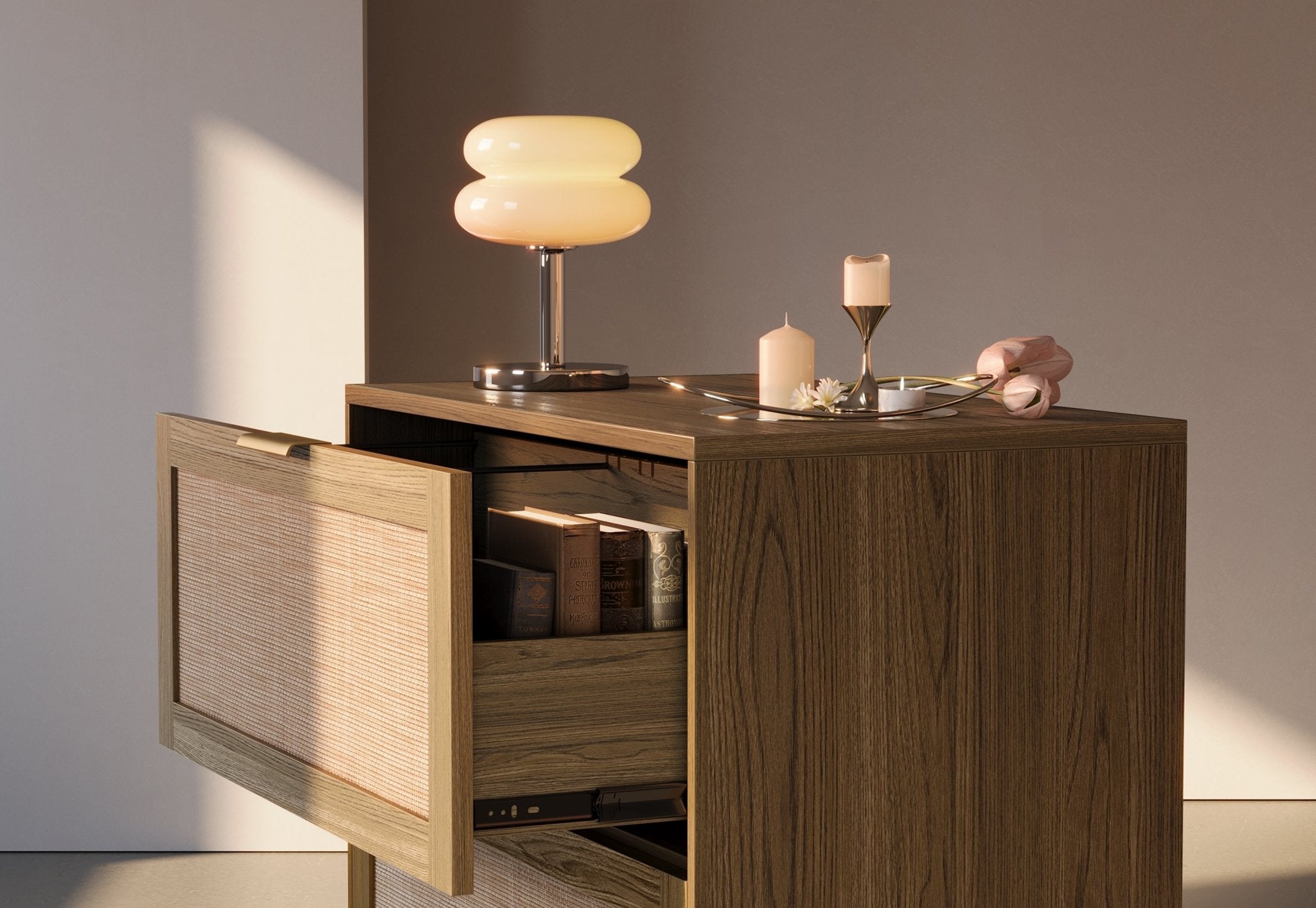 63" desk+73" Bookshelf+2 Drawers / Rattan - Light Walnut - 