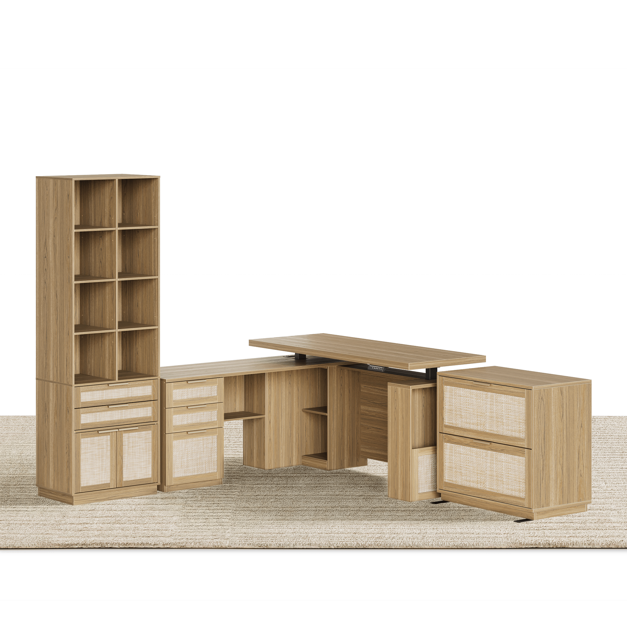 63" desk+73" Bookshelf+2 Drawers / Rattan - Light Walnut - 